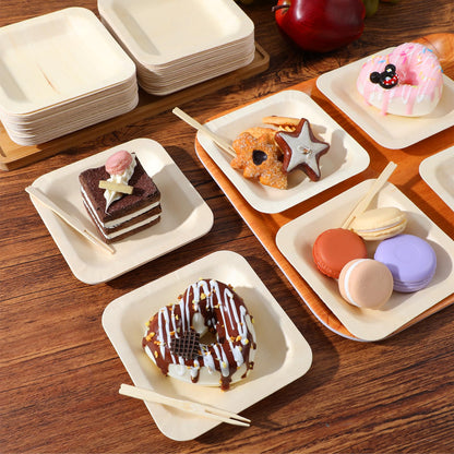 Hpmjz 300Pcs Disposable Square Bowls & Forks Set 4.5 × 4.5 Inch 100Pcs Bamboo Disposable Plates & 200pcs Forks Square Wood Plates for Birthday Party Wedding Events Appetizer Dessert Catering Home Use