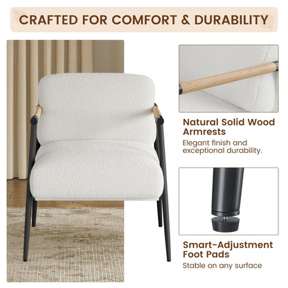 GarveeHome Comfy Chair, Modern Accent Chair with Metal Frame, Cozy Reading Chair with Soft Cushion & Wood Armrest for Bedroom, Living Room, White