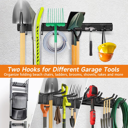 WEZAFO Garage Tool Organizer Wall Mount, Heavy Duty 48 Inches Garage Organization and Storage Racks for Yard Tools with 6 Hooks, Tool Hangers Holders for Hanging Folding Chair, Rake and Shovel
