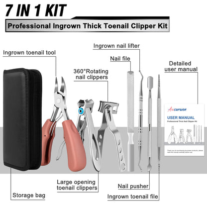Toenail Clippers for Seniors Thick Toenails, Aucurwen Heavy Duty Toe Nail Clippers Adult Thick Nails Long Handle, Large Toenail Clippers for Thick Nails 7Pcs