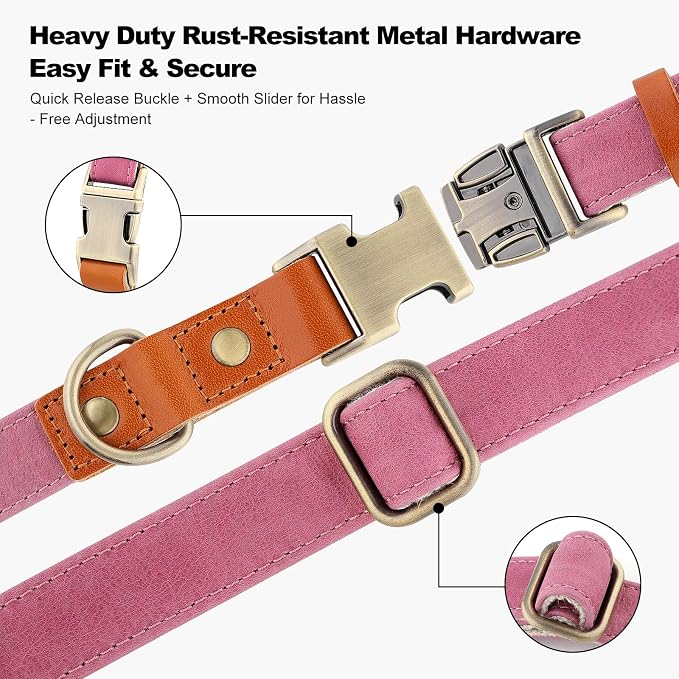 Plutus Pet Genuine Leather & Hemp Dog Collar – Adjustable Heavy Duty Pet Collar with Quick Release Metal Buckle, Soft & Stylish for Puppy and Small, Medium, Large Dogs (Pink, S)