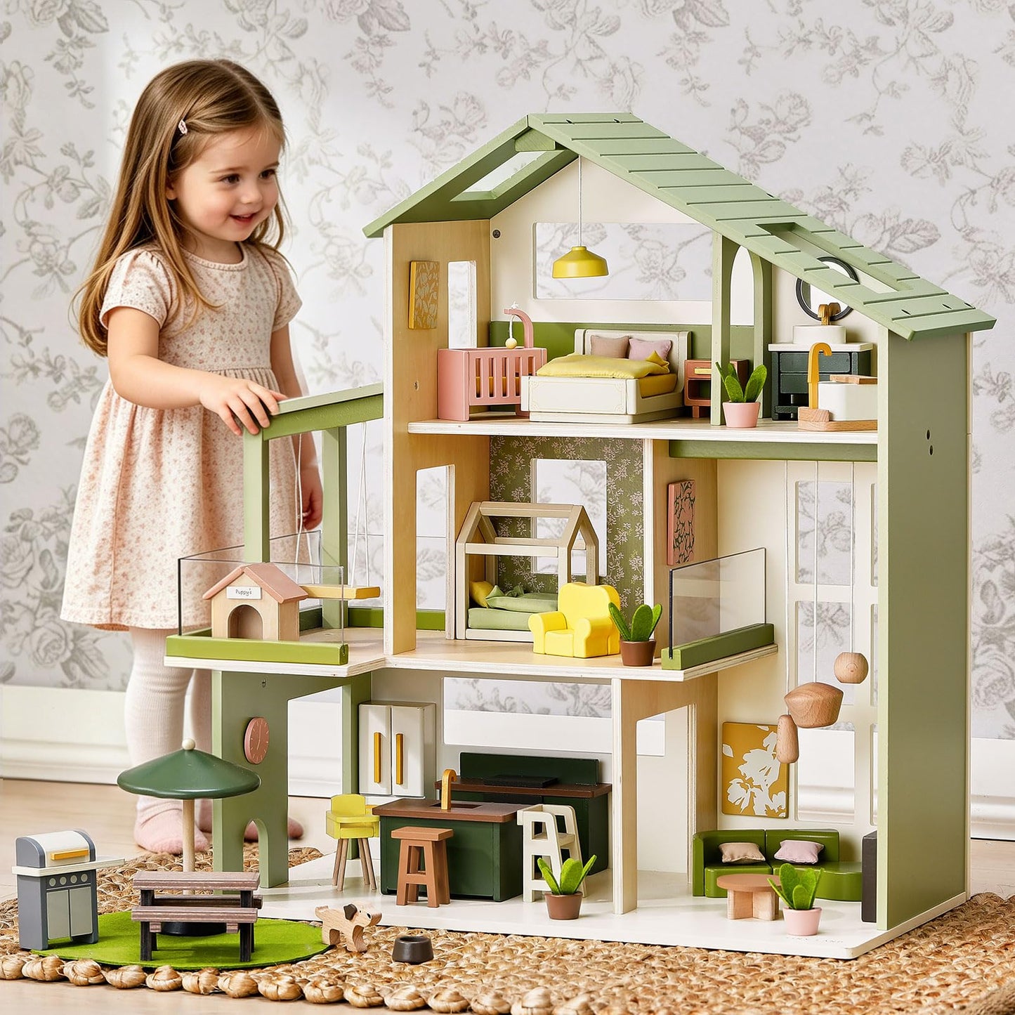 Tiny Land Wooden Dollhouse People Set，Wooden Doll House