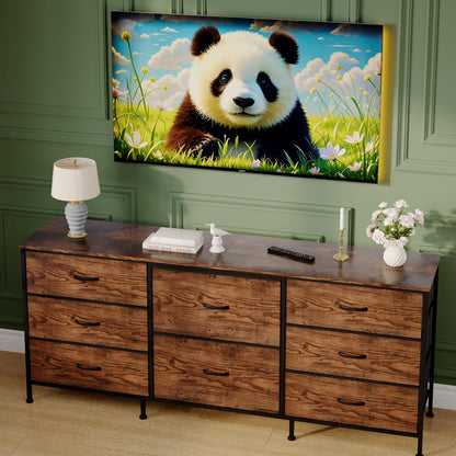 Garvee 8 Drawer Fabric Dresser TV Stand with Wooden Top, Metal Frame Storage Chest, Wide Closet Organizer for Bedroom Living Room Hallway, Natural Wood, 62.99 x 26.77 x 13.79 Inches