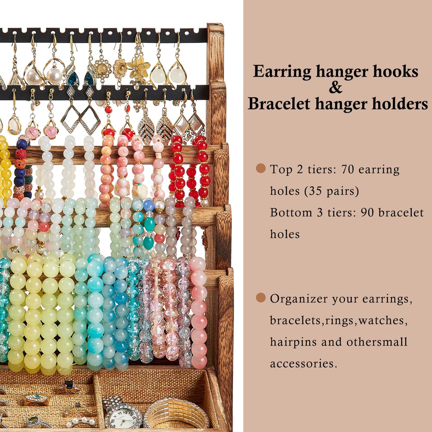 Pinzoveco Bracelet Holder, 3 Tier Rustic Bracelet Holder Display with 2 Tier Earring Organizer, 5 Tier Wooden Jewelry Display for Vendors, Home and Store