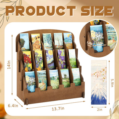 Yuntau Bookmark Display for 2.2'' Bookmark, Adjustable Dividers, Portable Sticker Holder, Curved Pockets Greeting Card Display for Business Vendor, Retail Store Shop(15 Pockets,Brown)