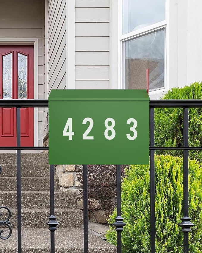 LAND·VOI Wall-Mount Mailbox with One Flag Kit and Three Sets of 0-9 Mailbox Number Stickers, Mailboxes for Outside, Galvanized Steel Rust-Proof Metal Post Box, 4.33" Dx14.2 Wx10.43 H, Green