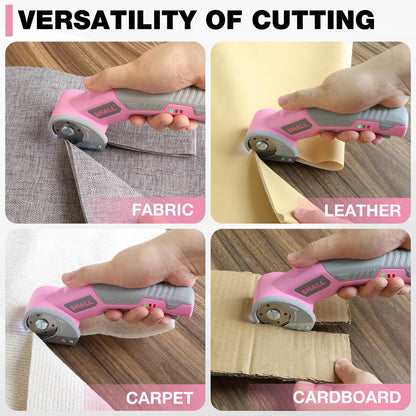 SHALL 4V Cordless Electric Scissors, Rechargeable Cardboard Cutter, Rotary Electric Box Cutter w/Safety Lock, LED Light & Replacement Blade for Fabric, Leather, Carpet, Cardboard & Plastic, Pink/Grey