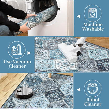 Garvee Living Room Rug 8x10 Washable Rug Trellis Rugs for Bedroom Non Slip Low Pile Indoor Carpet Soft Non-Shedding Foldable Thin Mat for Bedroom Dining Room Farmhouse Kids Playroom Office Blue
