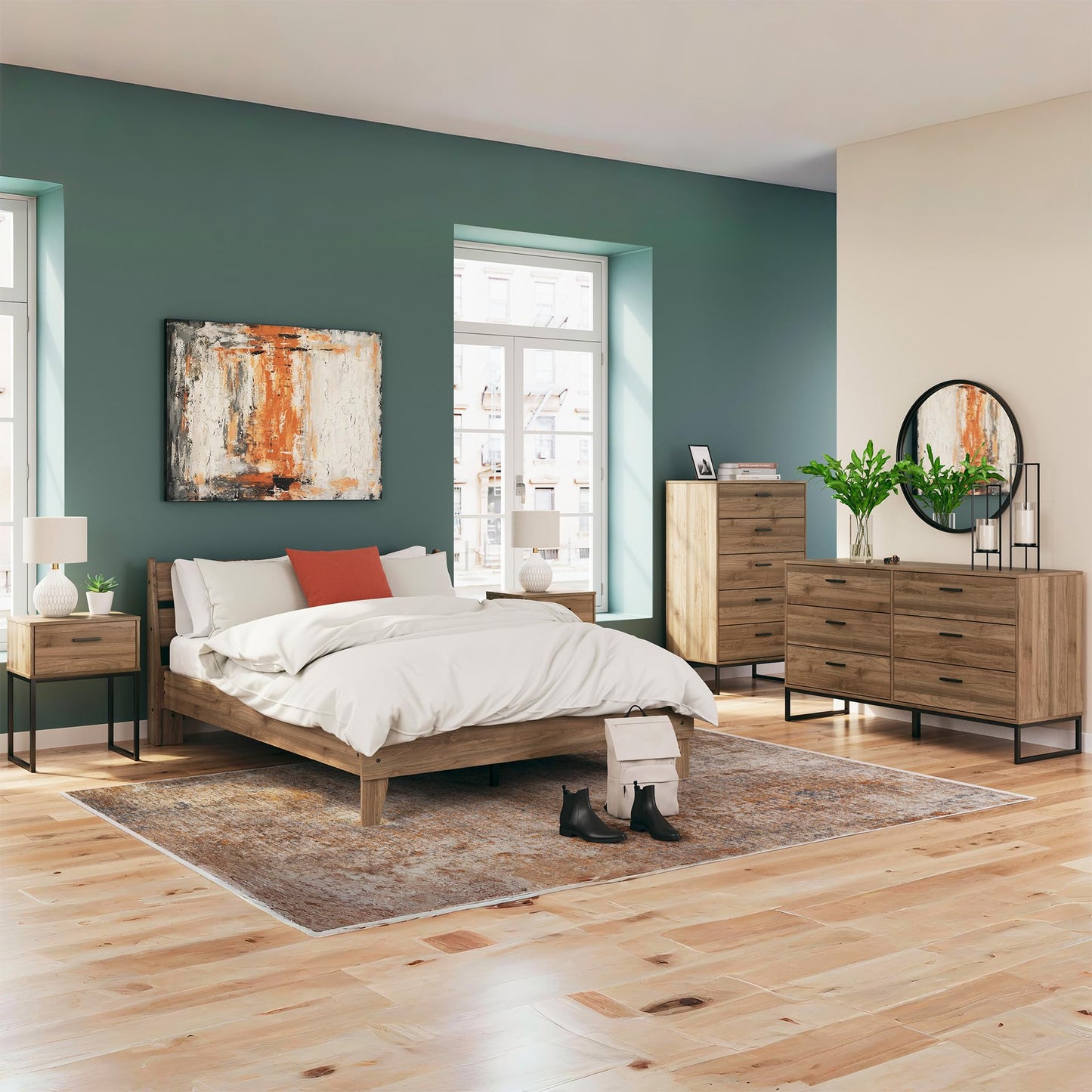 Signature Design by Ashley Deanlow Mid-Century Modern 6 Drawer Dresser with Safety Stop for Bedroom, Light Brown & Black
