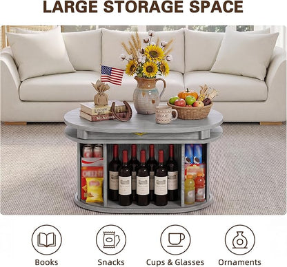 YESHOMY 45.2" Extendable Coffee Table with Storage, Fluted Oval Coffee Table with Sliding Door, Mid Century Modern Center Table for Living Room, Gray