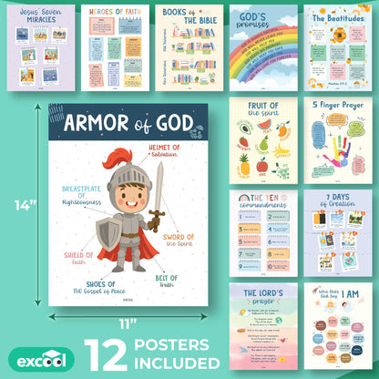 Excool Club Sunday School Decorations For Classroom - 12 Book Of The Bible Posters For Kids, Ten Commandments Fruit Of The Spirit Wall Art, Bible Study Supplies For Christian Classroom Decor (11"x14")
