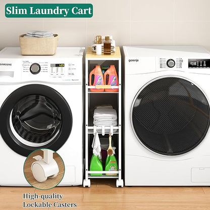 Utility Slim Storage Cart, 4 Tier Rolling Cart with Wheels, Laundry Shelves with Wood Top, Narrow Cabinet for Bathroom Organization, Small Organizer for Kitchen, Office and Dorm (White, 9.1'')