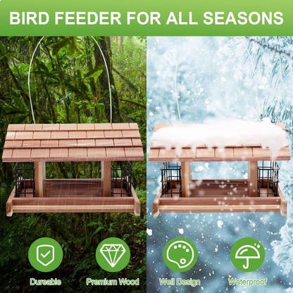 Liawm Wooden Bird Feeder for Outdoors Hanging Mount Large Capacity, Red Cedar Garden Roof Feeder with 2 Suet Cages, Cardinal Bluebird Birdfeeder for Garden Decoration Yard, Weatherproof Durable
