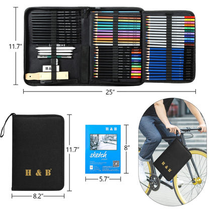 H & B 72PCS Drawing Supplies, Sketching Art Kit with A5 Sketchbook - Includes Graphite, Charcoal, Watercolor Pencils for Adults, Teens, Beginners & Kids