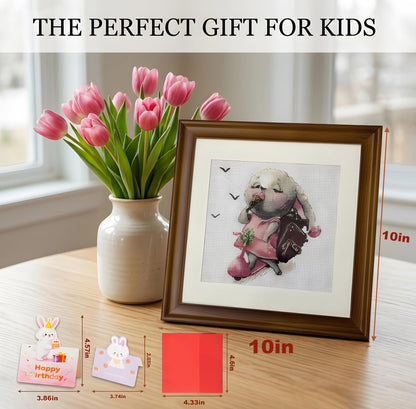 Handmade Cross Stitch Skateboarding Rabbit Wall Art with Solid Wood Frame with Envelope, Greeting Card, 10x10in Framed Pink Bunny Embroidered Nursery Decor, Funny Birthday Gifts for Children
