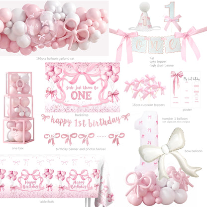 Pink Bow 1st Birthday Decorations, First Birthday Party Supplies for Girl, Pink White Balloon Arch Balloon Box Girls Just Wanna Be One Backdrop High Chair Banner