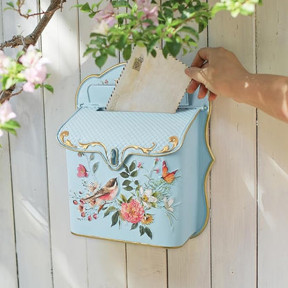 BIG FORTUNE Wall Mount Mailbox for House Outside Vintage Metal Door Mailbox Antique Style Nostalgic Charm Home Decor Garden Vintage English Cottage Decor Flower Patter(Blue)