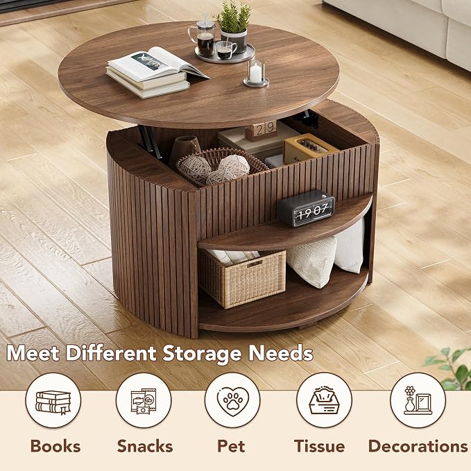 31.5" Round Lift Top Coffee Table with Storage, Fluted Mid-Century Modern Coffee Tables for Living Room, with Hidden Compartment, for Small Spaces & Home Office, Walnut