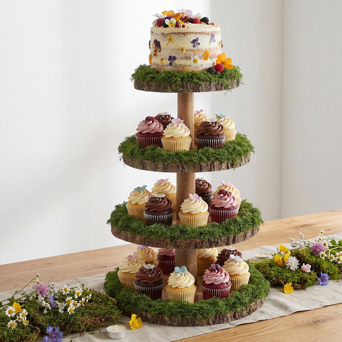 Wenqik 4 Tier Wooden Cupcake Stand Rustic 17 Inch Natural Wood Display Tower Stand with 7 oz Fake Green Faux Moss for Woodland Baby Shower Wedding Birthday Party Decor Garden Dessert Table Centerpiece