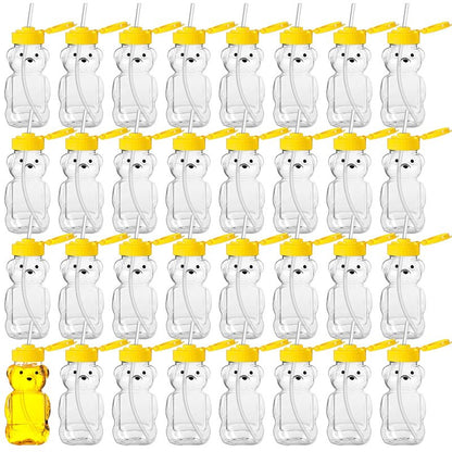 Thenshop 64 Pcs 6 oz Honey Bear Bottle and 64 Pcs Straws Plastic Honey Bear Straw Cup Honeybear Squeeze Jars Cute Empty Bottle for Syrup Sauce Juice Storing and Dispensing