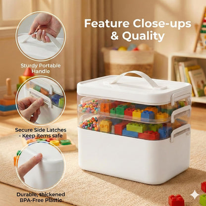MERATIA 13.3 QT Art Supply Organizer Box with Handle, White 3-Tier Stackable Craft Storage Container with Removable Trays for Markers, Paints, Beads and Sewing Accessories 11.1''x7.7''x9.1''