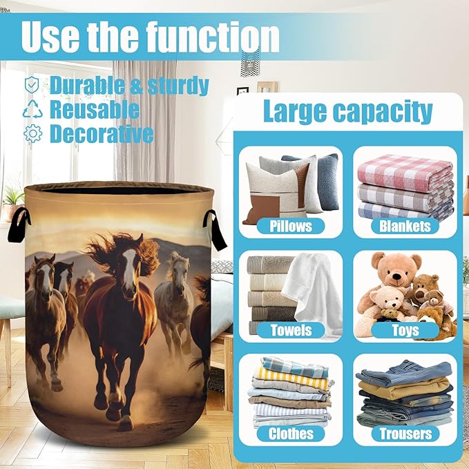 Running Horse Laundry Basket, Laundry Hamper Collapsible Oxford Cloth
