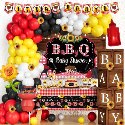 137 PCs BBQ Baby Shower Decorations, Hombae Its A Baby Q Baby Shower Decorations Backdrop Balloon Garland Banner Tablecloth Cake Cupcake Topper Boxes Cutout Barbecue Picnic Sauce Bottle Red Black
