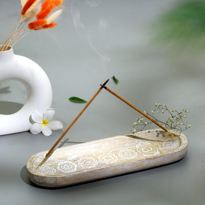 raajsee Wooden Rosewood Incense Holder - Incense Burner - Ash Catcher - Incense Stick Holder - Meditation & Yoga - Great Gift for Any Occasion Size 11x4 inch (Seven Chakra White)