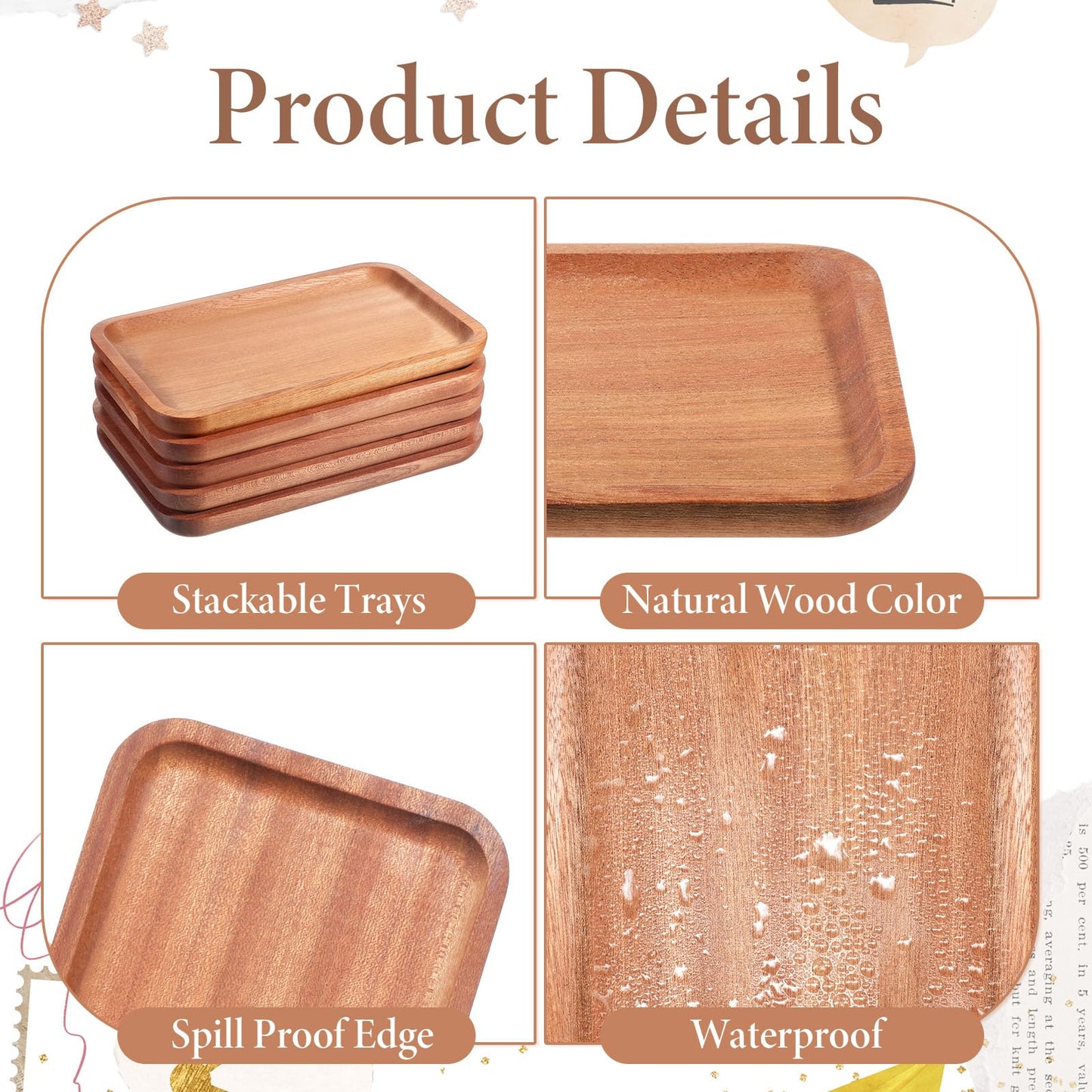 6 Pack Solid Wood Serving Platters and Tray with Edge, Natural Ebony Wood Pallet, Rectangular Wooden Serving Platters Mini Charcuterie Board, for Kitchen Counter Bathroom Home Decor Party, 8" x 5"