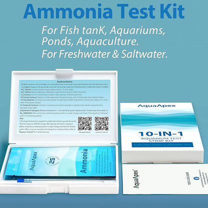 10-in-1 Ammonia Test kit Aquarium (25 Multi-Test + 25 Ammonia Strips) for Freshwater & Saltwater | Aquarium Test Strips for Fish Tank,Ponds | Test Nitrate,Nitrite,Hardness,pH & More.