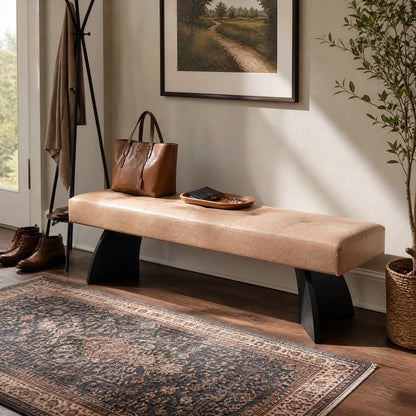 Christopher Knight Home Adele 63.19''L Faux Leather Upholstered Dining Bench, Wooden Entryway Bench With Stylish Curved Legs, Long Sofa Footstool for Living Room, Bedroom End of Bed Bench, Khaki+Black
