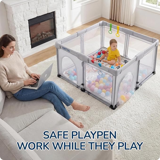 Foldable Baby Playpen, 1-Minute Setup, Lightweight Portable Playpen with Carry Bag, 59"x71" Indoor Outdoor Safty Play Yard for Babies & Toddlers, Light Gray