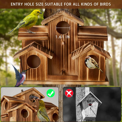 Puyikes Bird House for Outside 5 Hole Bird Houses Room for 5 Bird Families Large Bird House for Garden/Courtyard/Backyard for Garden Decor-Finch Bluebird Cardinals Handmade Wooden Hummingbird House