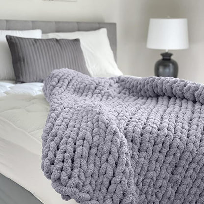 Adyrescia Chunky Knit Blanket Throw | 100% Hand Knit with Jumbo Chenille Yarn (40"x50", Lilac Gray)