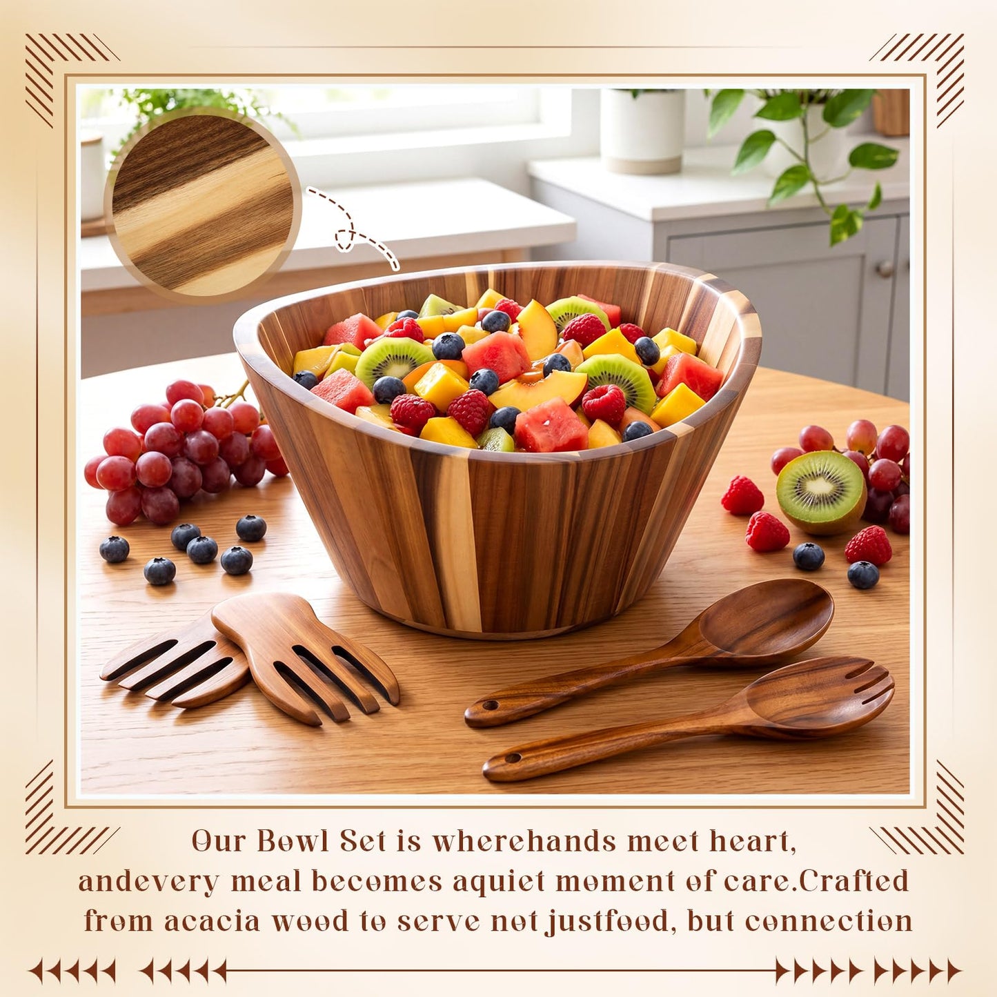 LemonRoad Wooden Salad Bowls Set 12 inch Wavy Large Acacia Wood Serving Bowl with 2 Wooden Hands 2 Utensils Fork Spoon for Fruit, Salad, Cereal, Corn flake, Pasta, Food (Wavy)