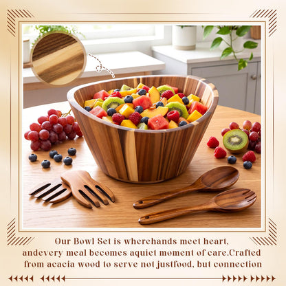 LemonRoad Wooden Salad Bowls Set 12 inch Wavy Large Acacia Wood Serving Bowl with 2 Wooden Hands 2 Utensils Fork Spoon for Fruit, Salad, Cereal, Corn flake, Pasta, Food (Wavy)