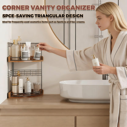 JNFUZ Bathroom Countertop Corner Organizer for Small Spaces – 2-Tier Counter Shelf for Sink & Vanity, Compact Vertical Storage for Toiletries (Walnut)