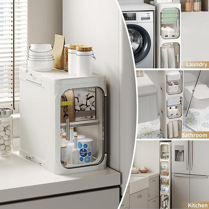 5-Tier Tall Slim Narrow Bathroom Storage Cabinet, White | Tool Free Assembly, Adjustable shelves, Fits for Narrow Spaces, Lockable Wheels, Magnetic Clear Door