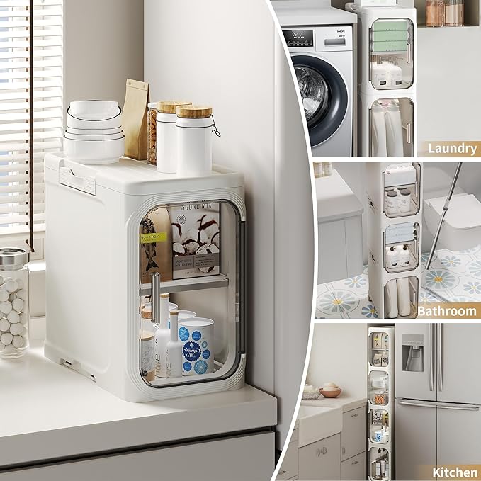 3-Tier Slim Bathroom Narrow Storage Cabinet with Wheels, White | Tool Free Assembly, Adjustable shelves, Lockable Wheels, Magnetic Clear Door, Fits for Narrow Spaces