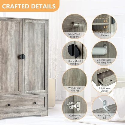 VINGLI Wide Armoire Wardrobe Closet with Hanging Rod, Adjustable Shelves and Drawer, Freestanding Wardrobe Closet with Doors, Bedroom Armoires and Wardrobes, Rustic Grey