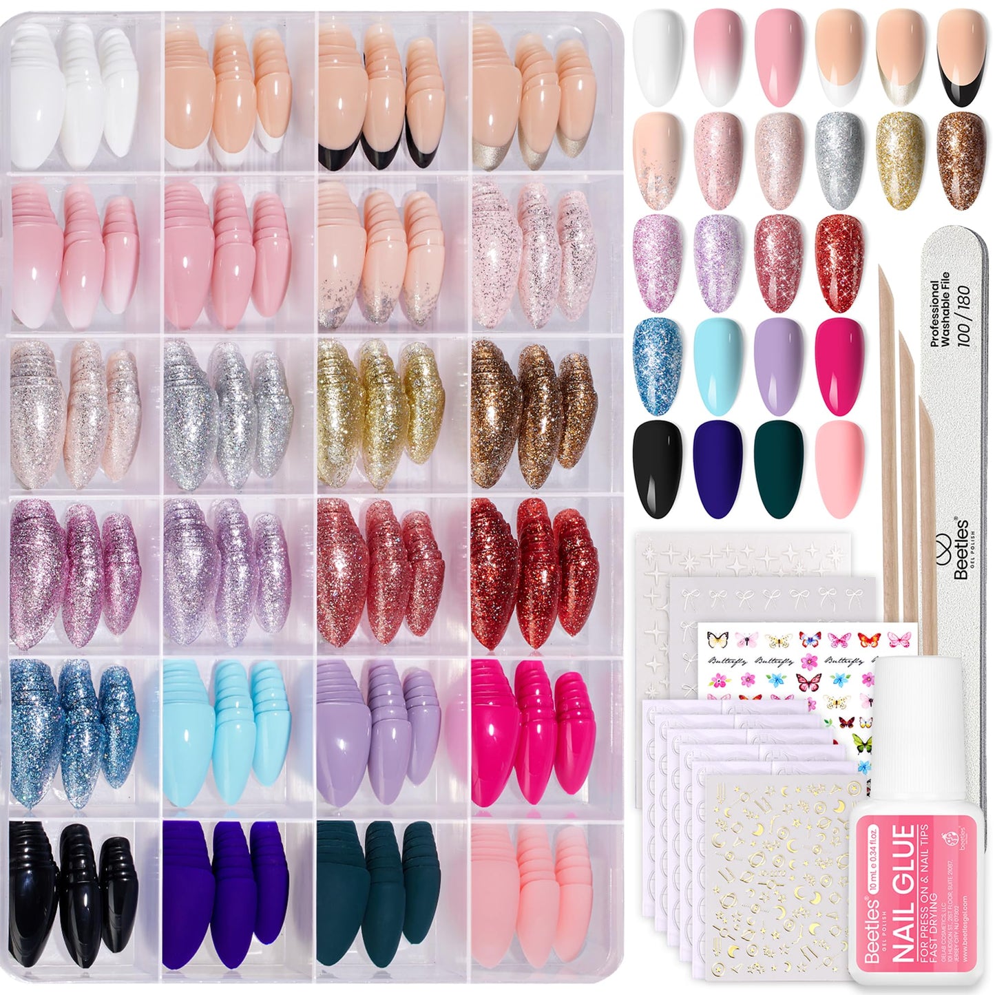 Beetles Press on Nails Kit 720Pcs 24 Colors, Press on Nails Short Almond Glossy Matte Glitter With Nail Glue & Nail Tabs Stickers, Natural Fit Lightweight Fake Nails Kit Art For Women Girls