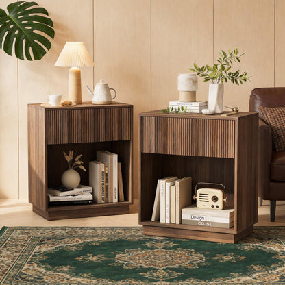 Fluted Nightstands Set of 2, Modern Bedside Table with Storage Drawer and Open Wood Shelf, Wood End Table Mid Century Night Stands for Bedroom Living Room Sofa Couch Office Walnut Brown