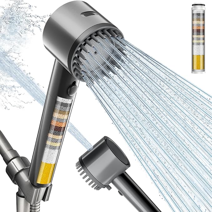 Cobbe Filtered Shower Head with Handheld, 4+1 Spray Mode Showerhead with Filters, Built-in Power Wash for Hard Water - Remove Chlorine - Reduces Dry Itchy Skin, Luxury Gray