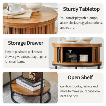 Turtle&Myrtle Small Round Side Table with Storage, 2-Tier Wooden End Table with Sliding Door and Shelf, Mid-Century Circle Nightstand for Living Room, Bedroom, Walnut, 2PC
