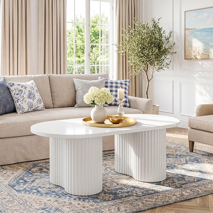 Tribesigns Oval Coffee Table, 47" Modern Center Table with Fluted Design, Tea Table with Sturdy Legs for Living Room, Bedroom, Office, Easy Assembly, White