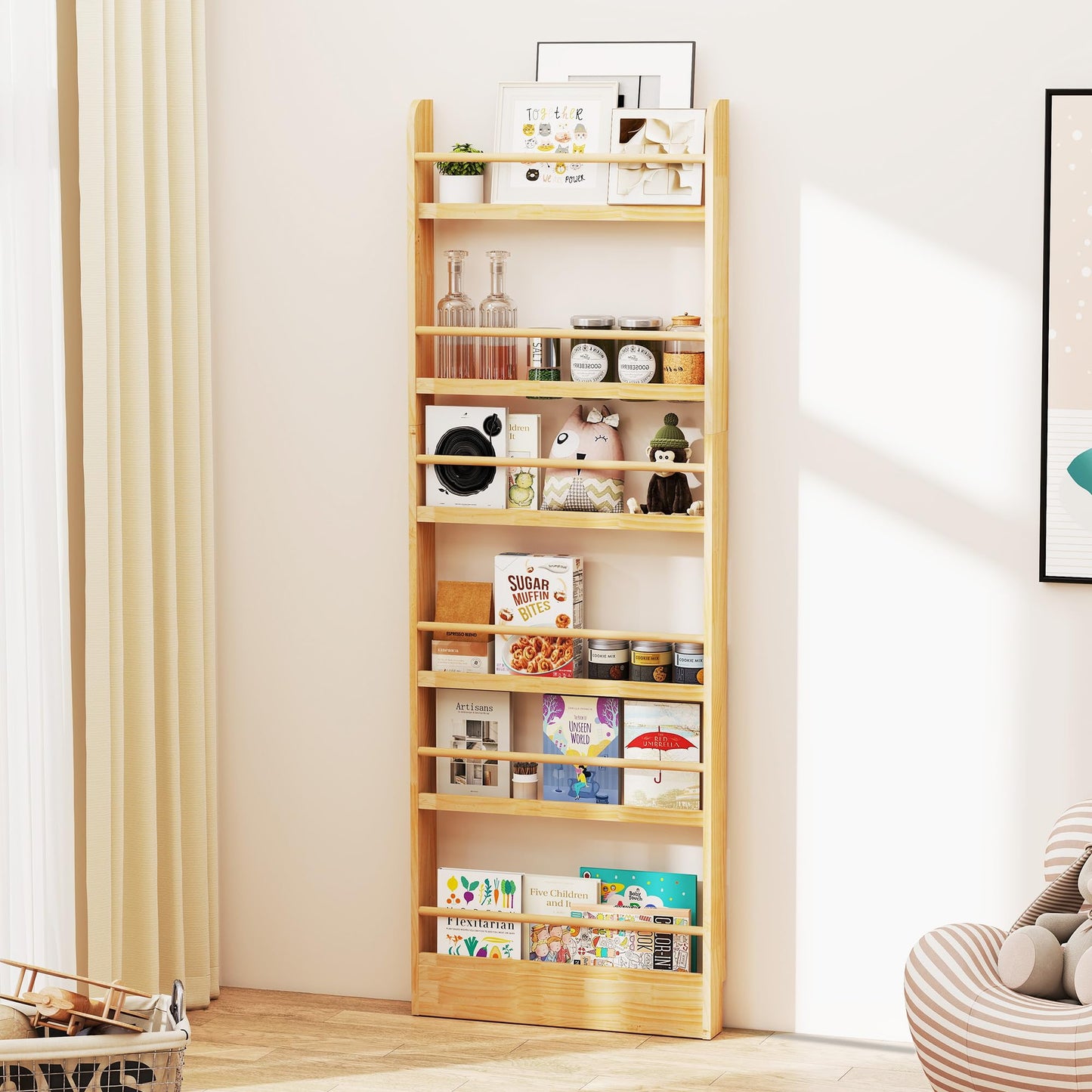 petour 6 Tier Behind The Door Bookshelf, Space Saving Behind The Door Bookcase Wooden Kids Wall Bookcase for Bedroom Living Room Playroom (Wood)