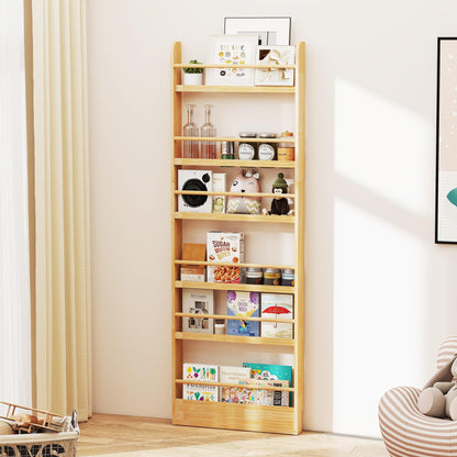 petour 6 Tier Behind The Door Bookshelf, Space Saving Behind The Door Bookcase Wooden Kids Wall Bookcase for Bedroom Living Room Playroom (Wood)