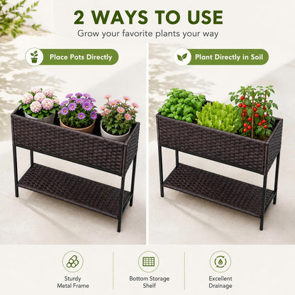 Chonsun Raised Garden Bed - 3x1.5x2.5 ft Rattan Raised Bed Wicker Elevated Raised Garden Bed with Underneath Tool Storage Rack Shelf, Outdoor Raised Flower Planter Box