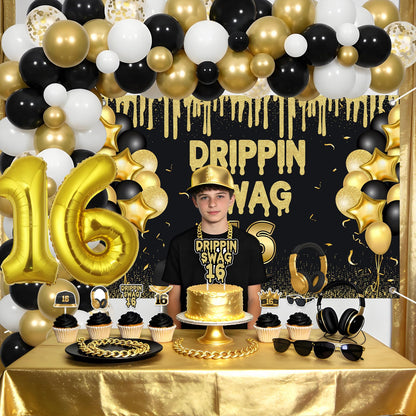 Jollyboom Drippin Swag 16 Birthday Decorations for Boys, Black and Gold 16th Birthday Backdrop Balloon Garland Kit with Banner Cake Topper Cupcake Toppers Number 16 Balloon for Boy Party Photo Wall