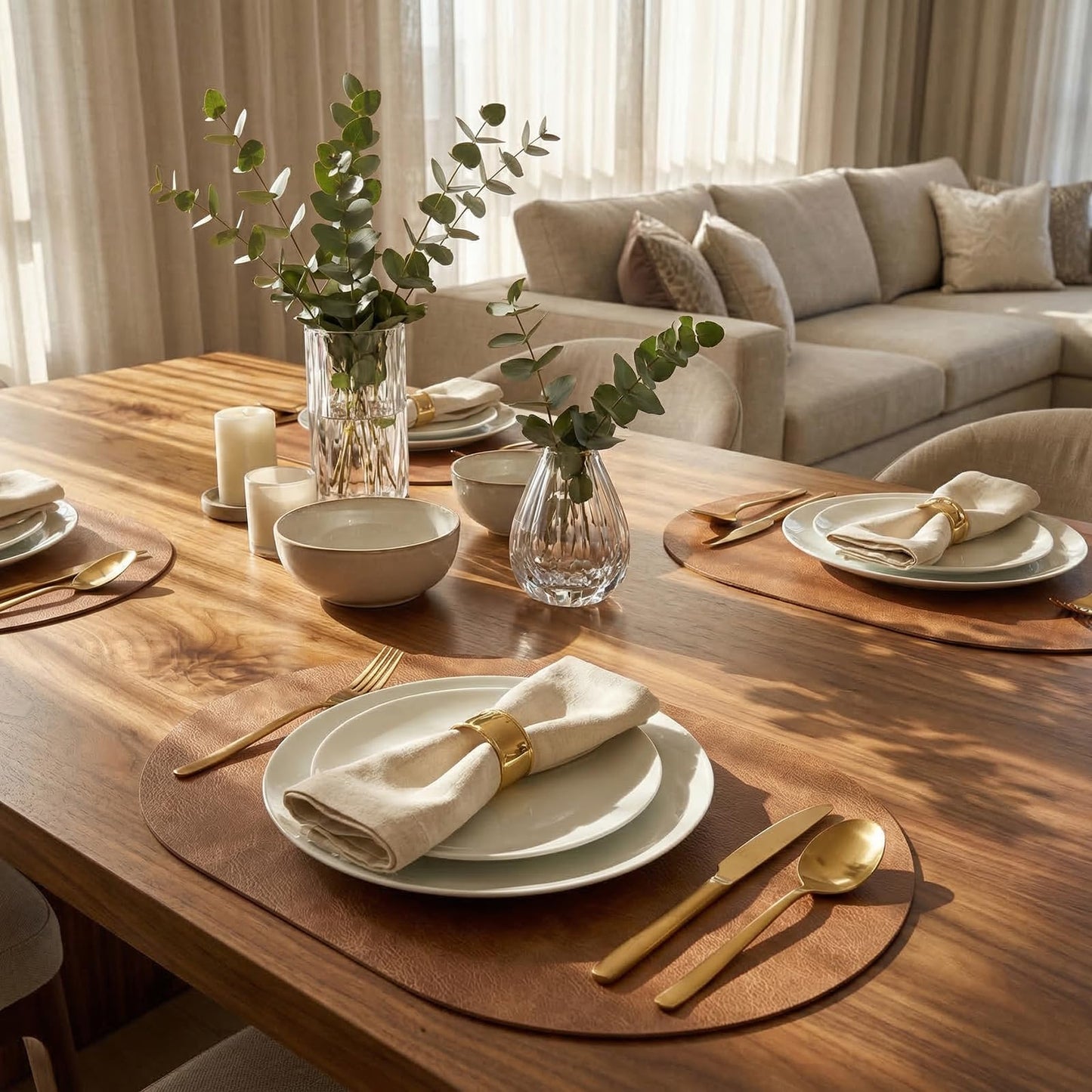 BIPASION Oval Placemats 2mm Ultra Thick Faux Leather Table Mats, Heat Resistant Waterproof Wipeable Dining Mats for Kitchen Table, Set of 8, Light Brown